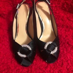 Clarks Black Satin Peep-Toe Heels with Crystal Detail